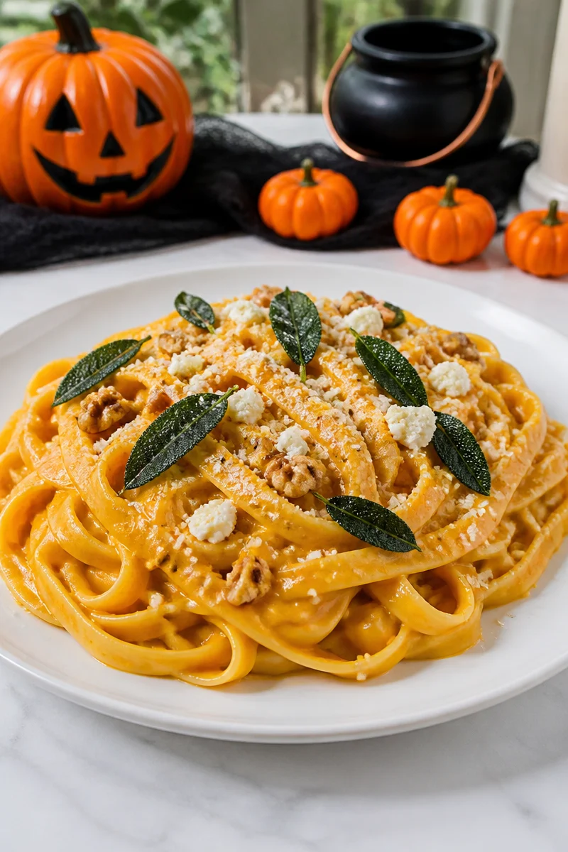 Plate of Pumpkin Goat Cheese Alfredo Pasta topped with herbs