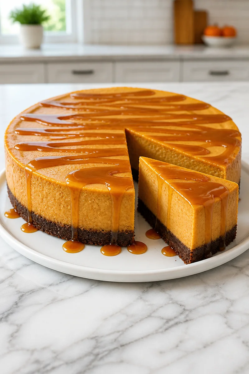 Pumpkin cheesecake with chocolate crust and orange zest on a decorative plate