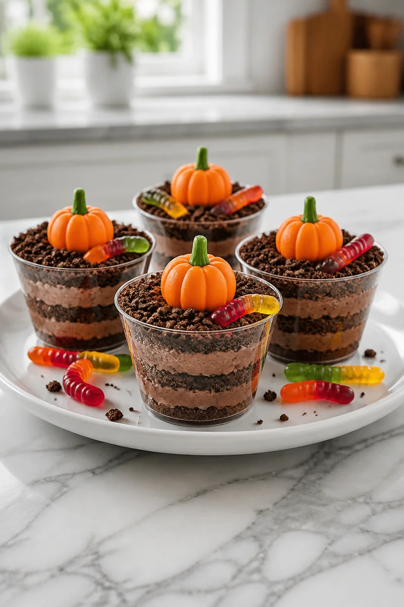 Pumpkin Patch Dirt Cup Dessert with layers of chocolate and pumpkin themed toppings