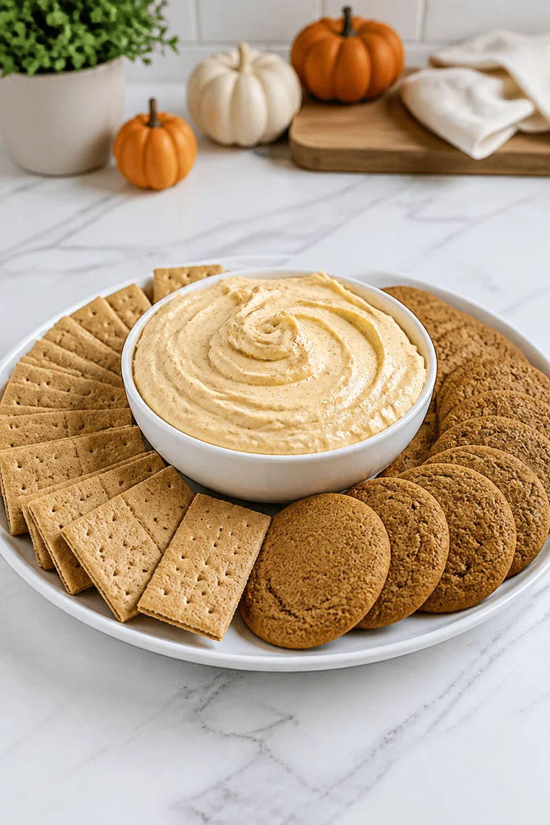 Pumpkin pie dip served with graham crackers for a festive dessert
