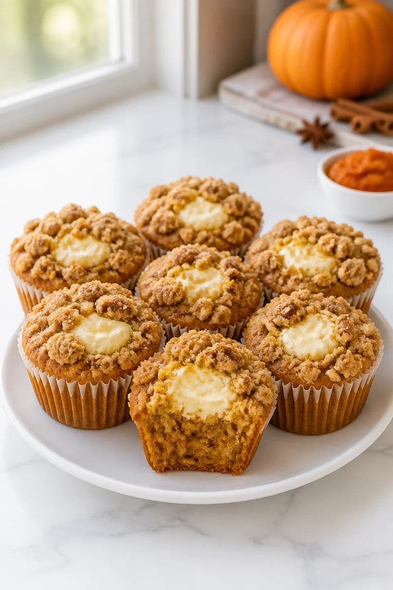 Freshly baked Pumpkin Spice Cream Cheese Muffin topped with spices