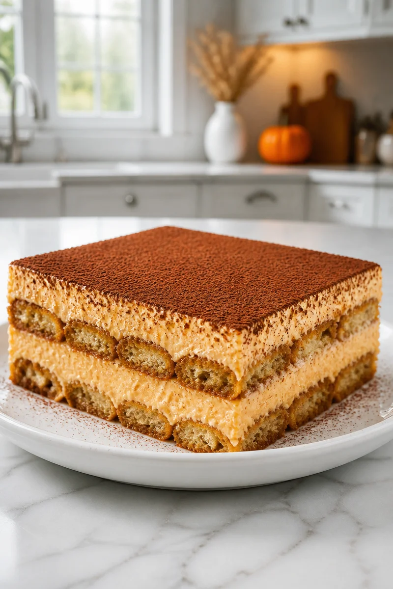 Delicious no bake pumpkin tiramisu dessert with layers and autumn spices.