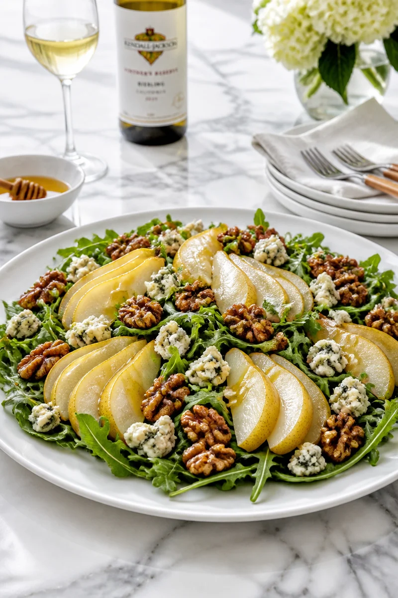 Riesling Poached Pear Blue Cheese Salad showcasing pears, blue cheese, and greens.