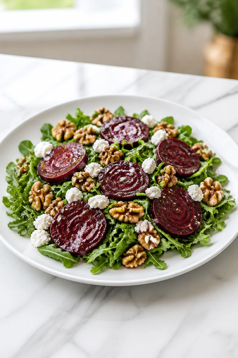 Roasted Beet Walnut Arugula Fall Salad plated with vibrant colors and seasonal ingredients.