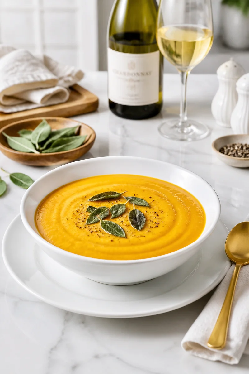 Roasted butternut squash sage soup garnished and served with a glass of Chardonnay
