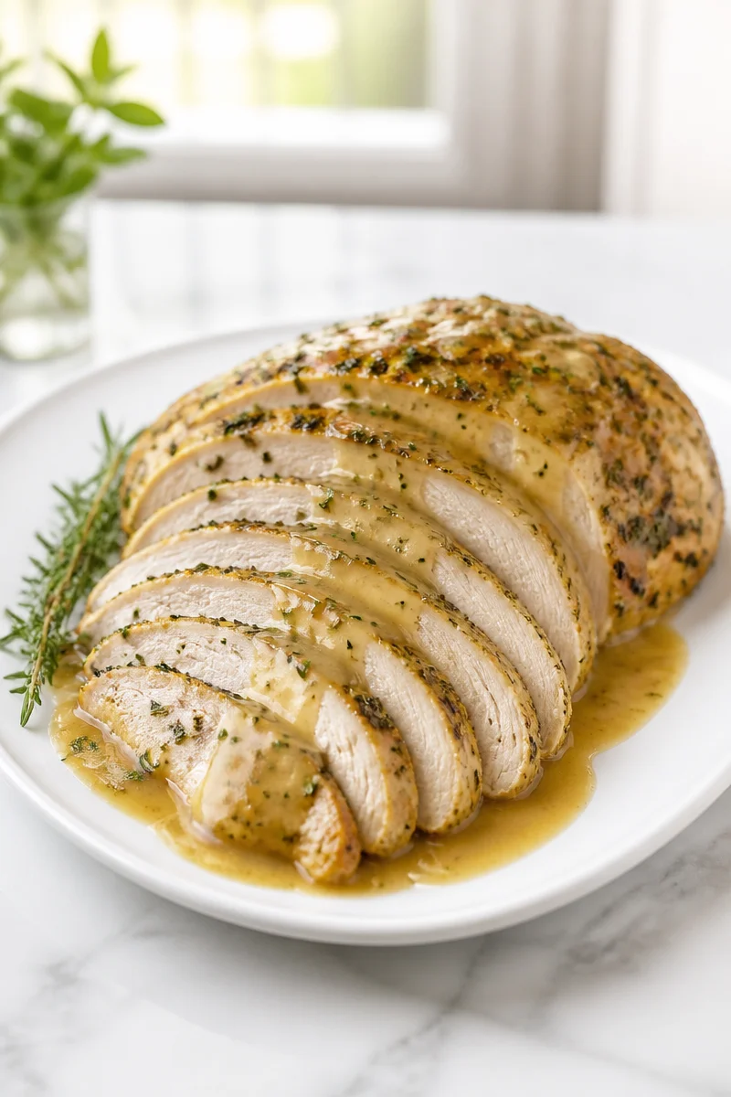 Roasted garlic herb turkey breast gravy served over sliced turkey.