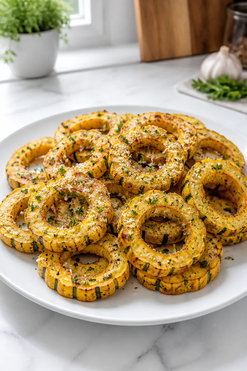 Roasted garlic parmesan delicata squash dish garnished with herbs