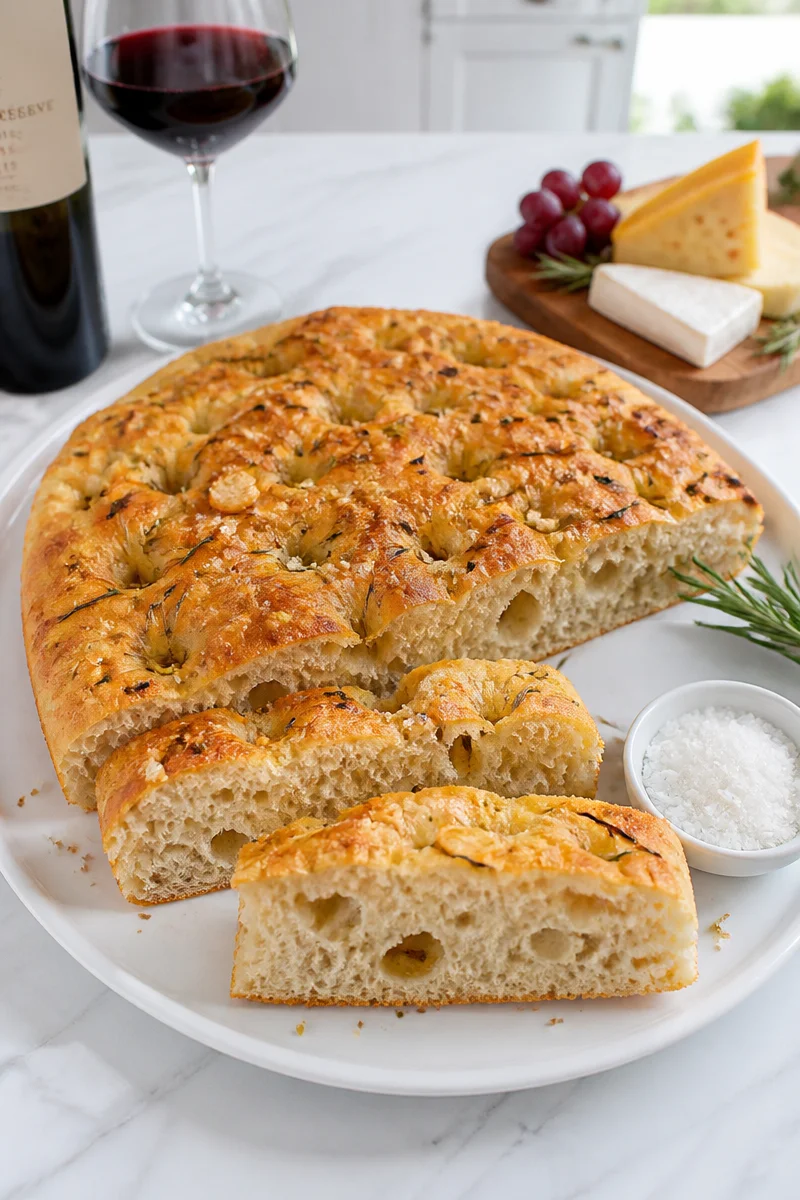 Delicious roasted garlic rosemary focaccia bread ready to serve