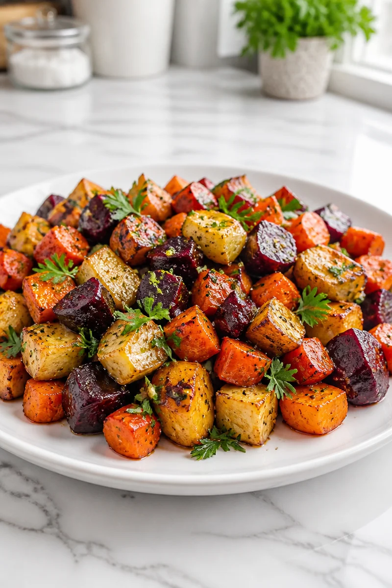 Roasted root vegetable medley with herb butter in a serving dish