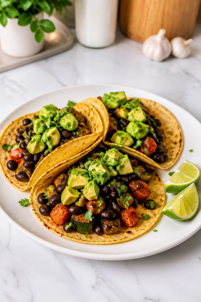 Roasted vegetable black bean taco topped with fresh avocado and cilantro