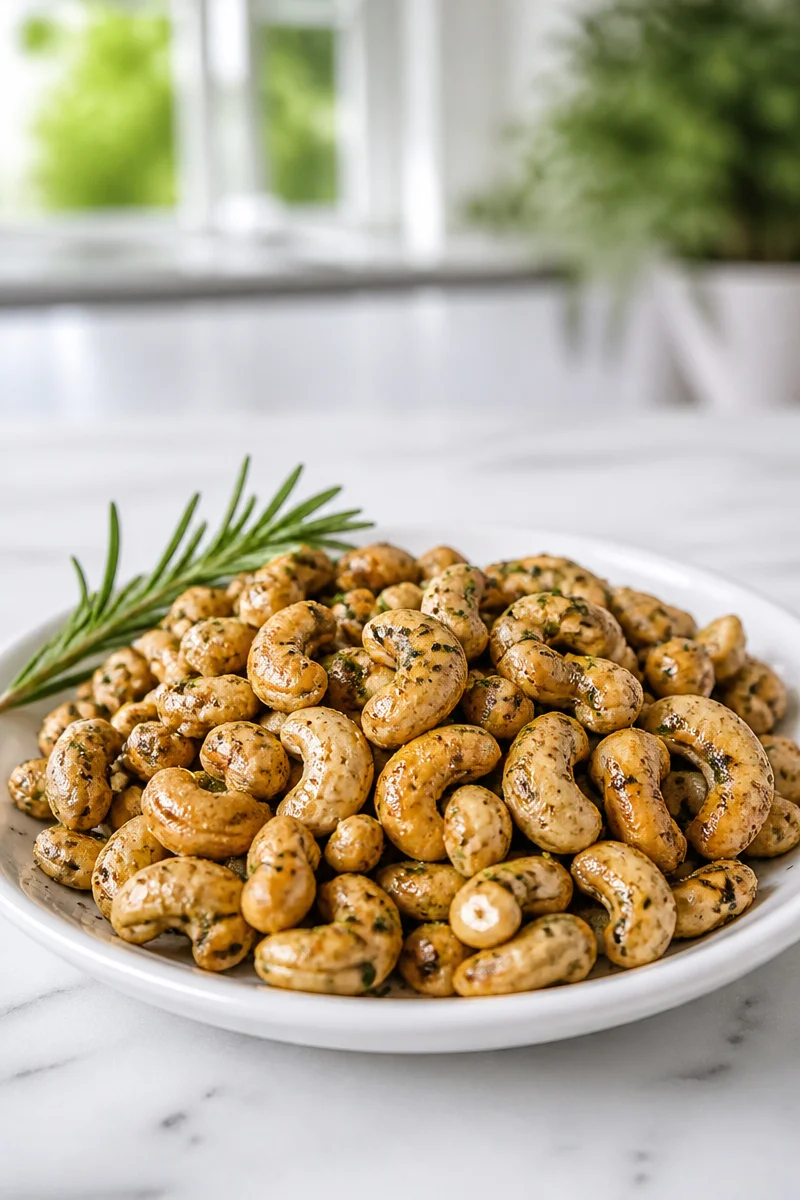 Delicious rosemary toasted cashew with salt and pepper served in a bowl.