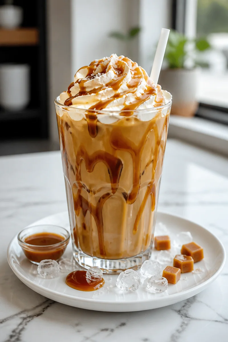 Delicious salted caramel iced coffee drink topped with whipped cream.