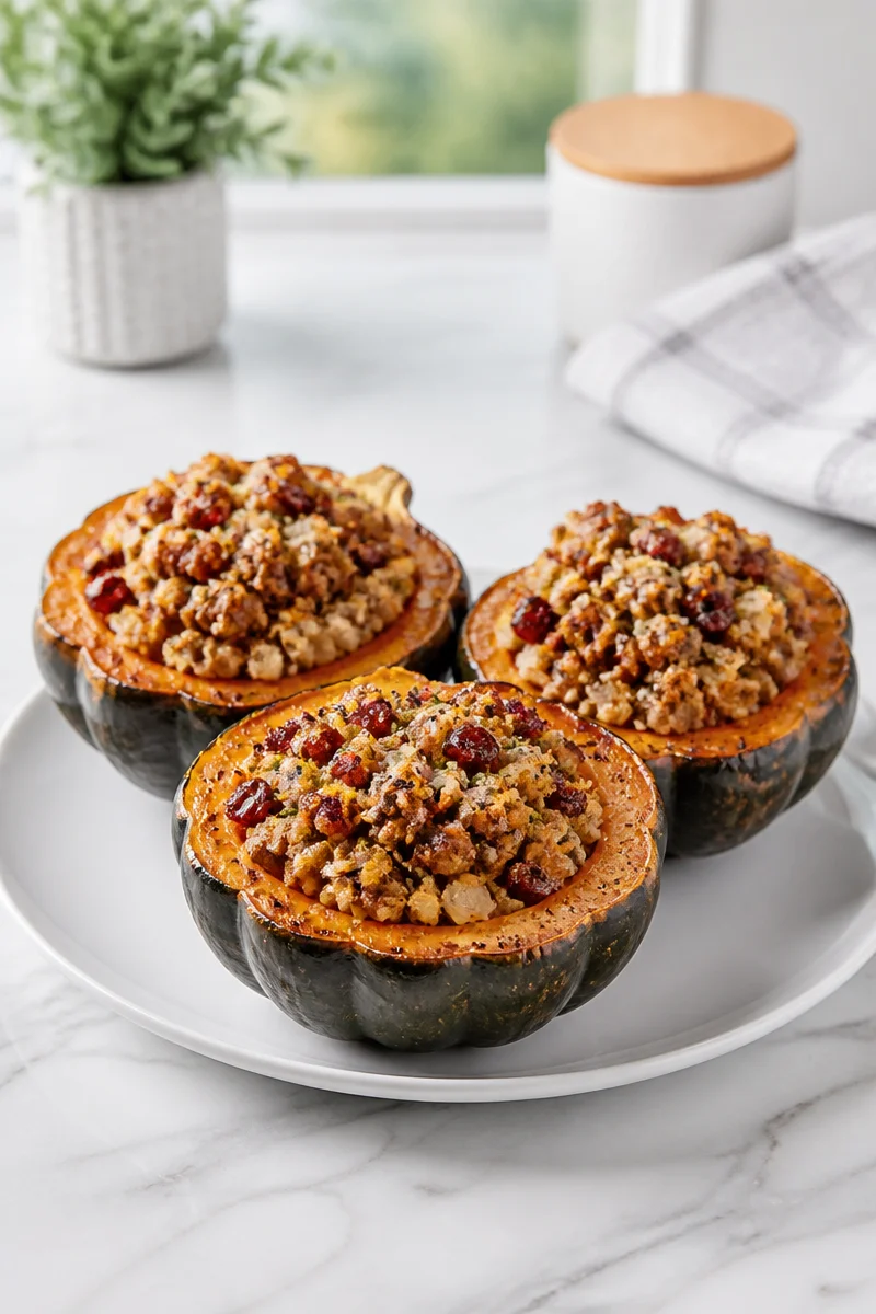 Delicious sausage stuffed acorn squash boat filled with savory ingredients