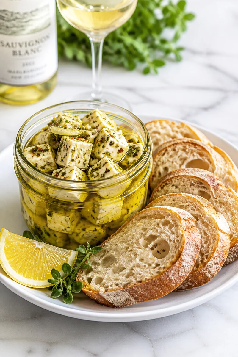 Sauvignon Blanc herb marinated feta cubes on a platter