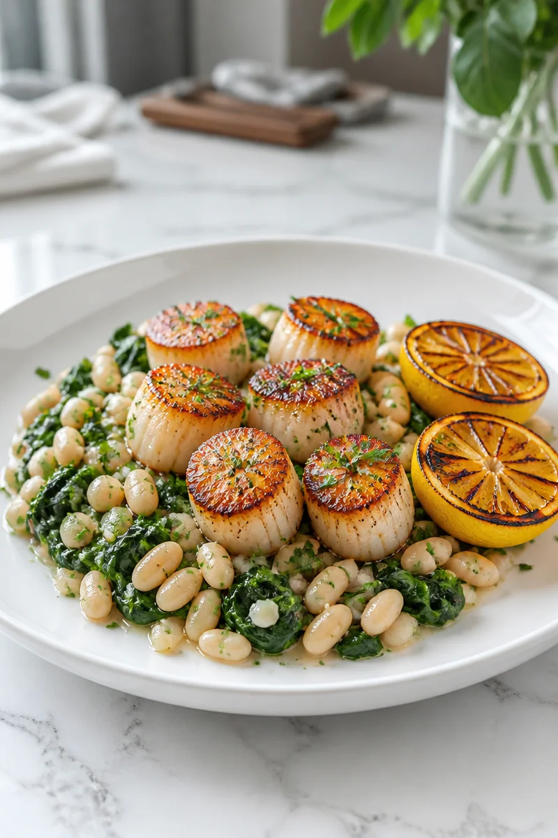 Seared scallops served with white beans and charred lemon garnishes.