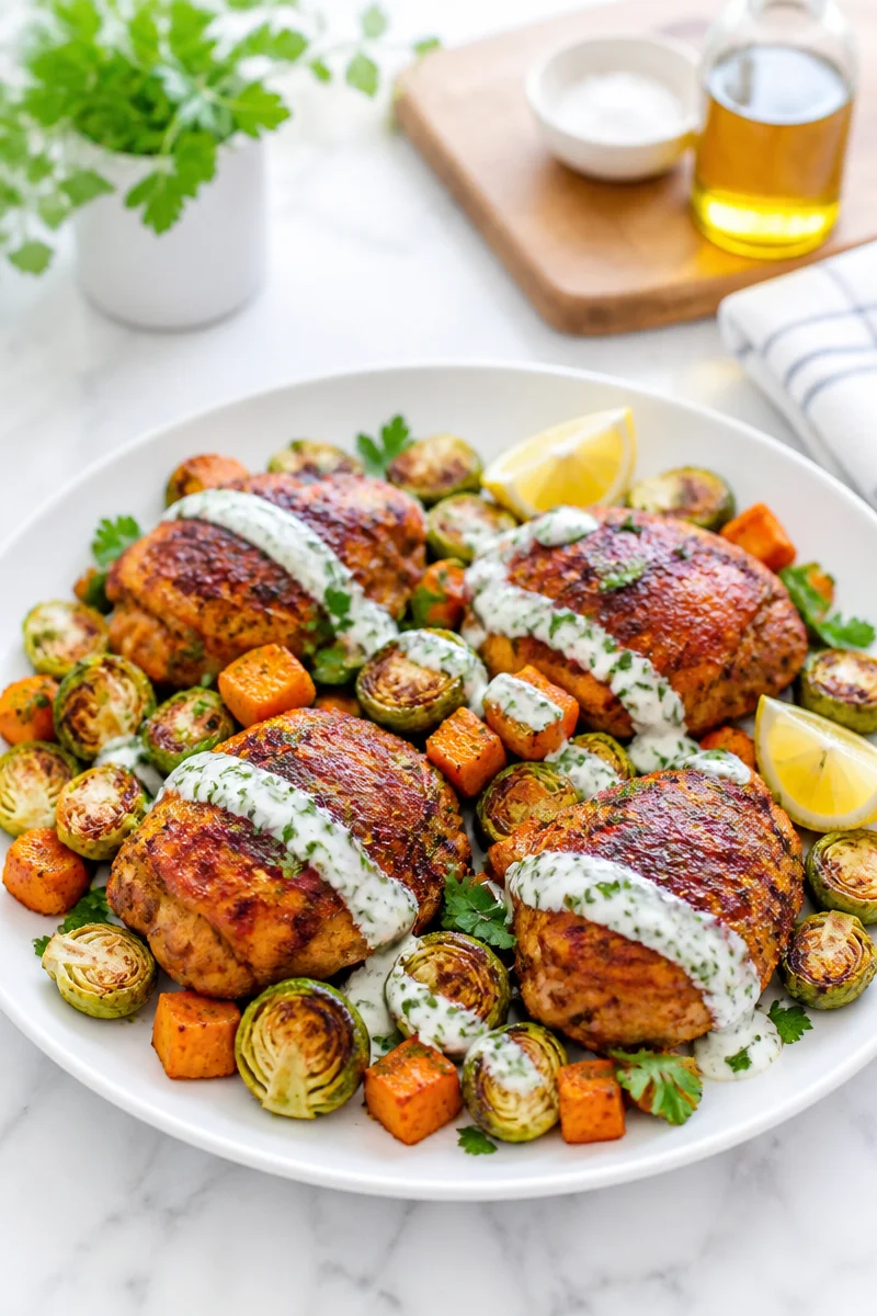 Sheet Pan Harissa Chicken with Roasted Vegetables served on a platter
