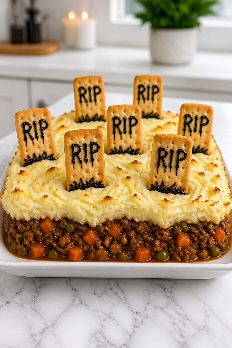 Spooky Shepherd Pie Halloween Graveyard Dinner with decorations