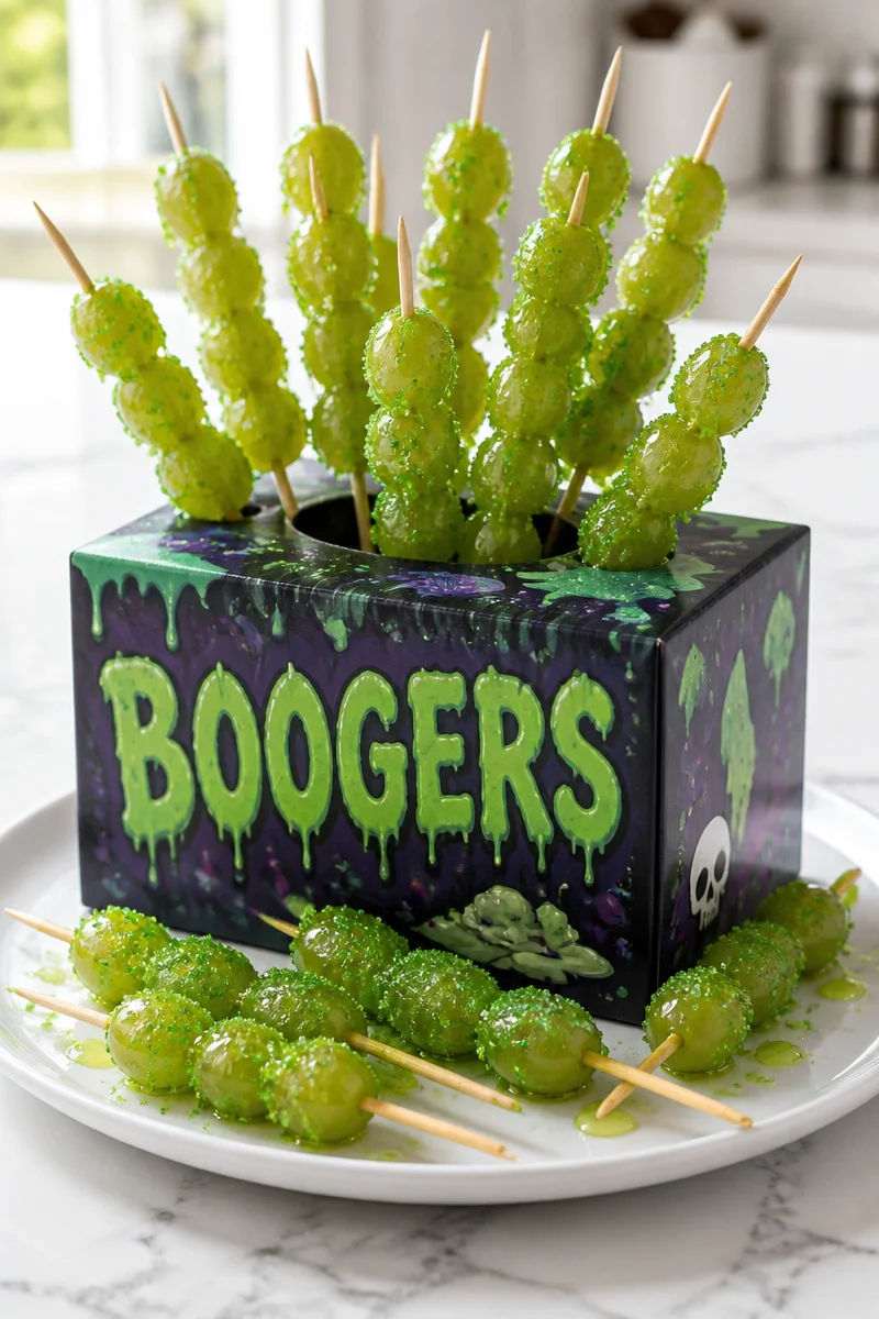 Skewered booger green grape snack on a wooden stick