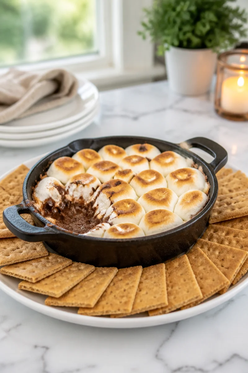 Skillet smore dip with melted chocolate and graham crackers