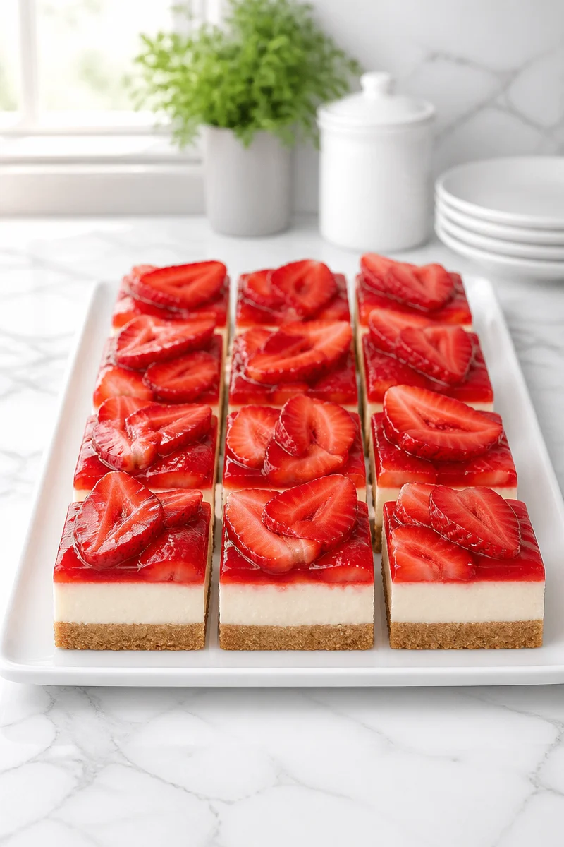 Skinny Strawberry Cheesecake Sheet Cake with fresh strawberries and cream cheese