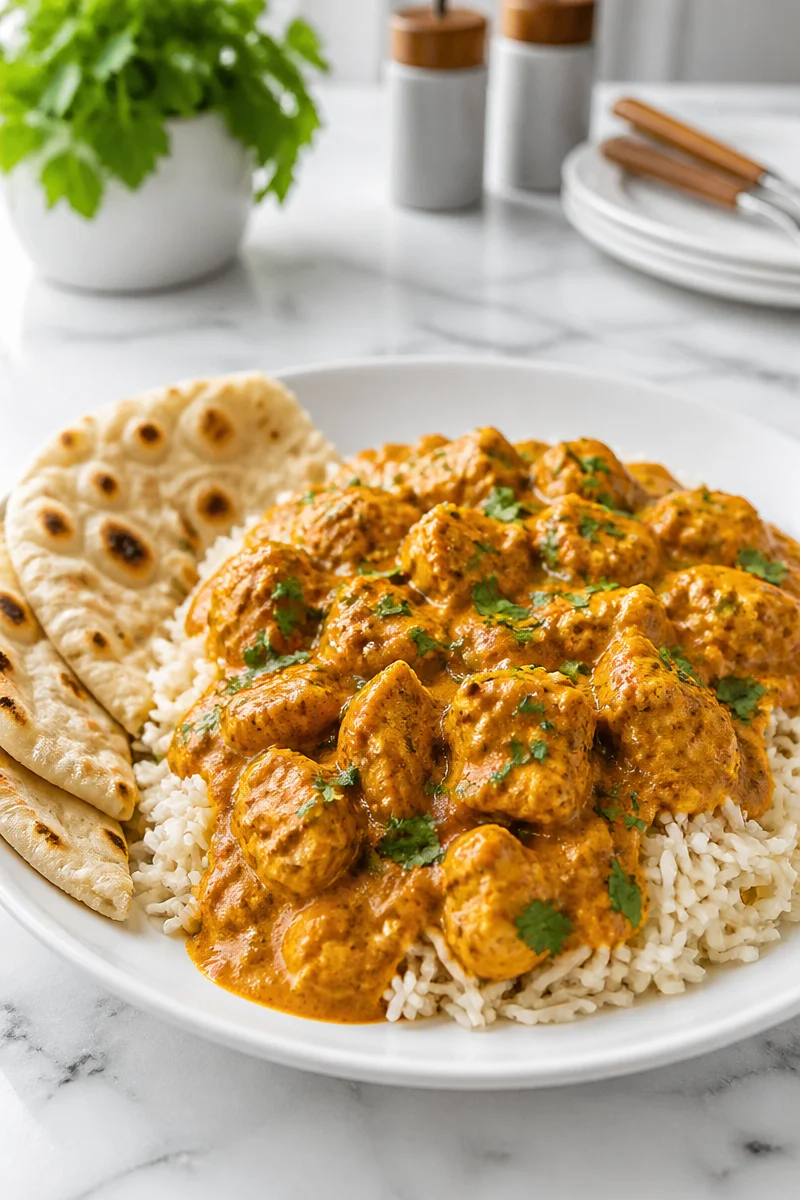 Slow Cooker Butter Chicken Coconut served in a bowl with rice and herbs
