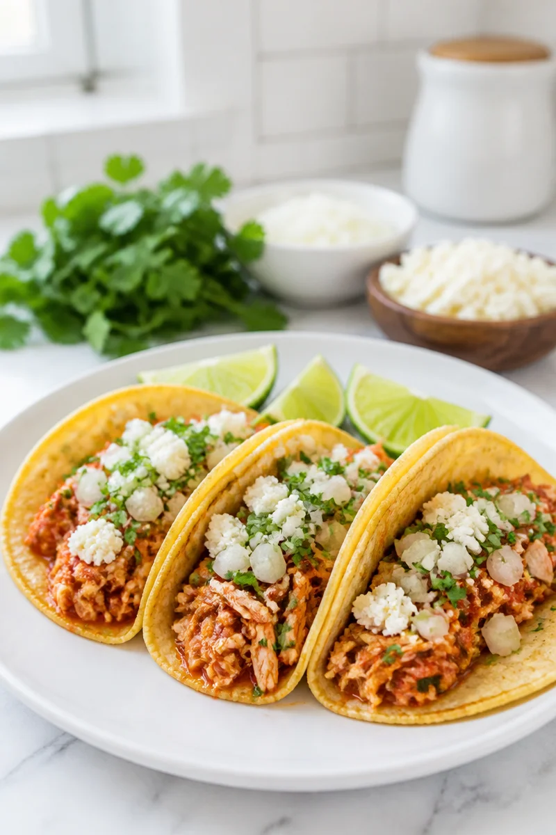 Slow Cooker Chicken Tinga Tacos with fresh toppings and tortillas