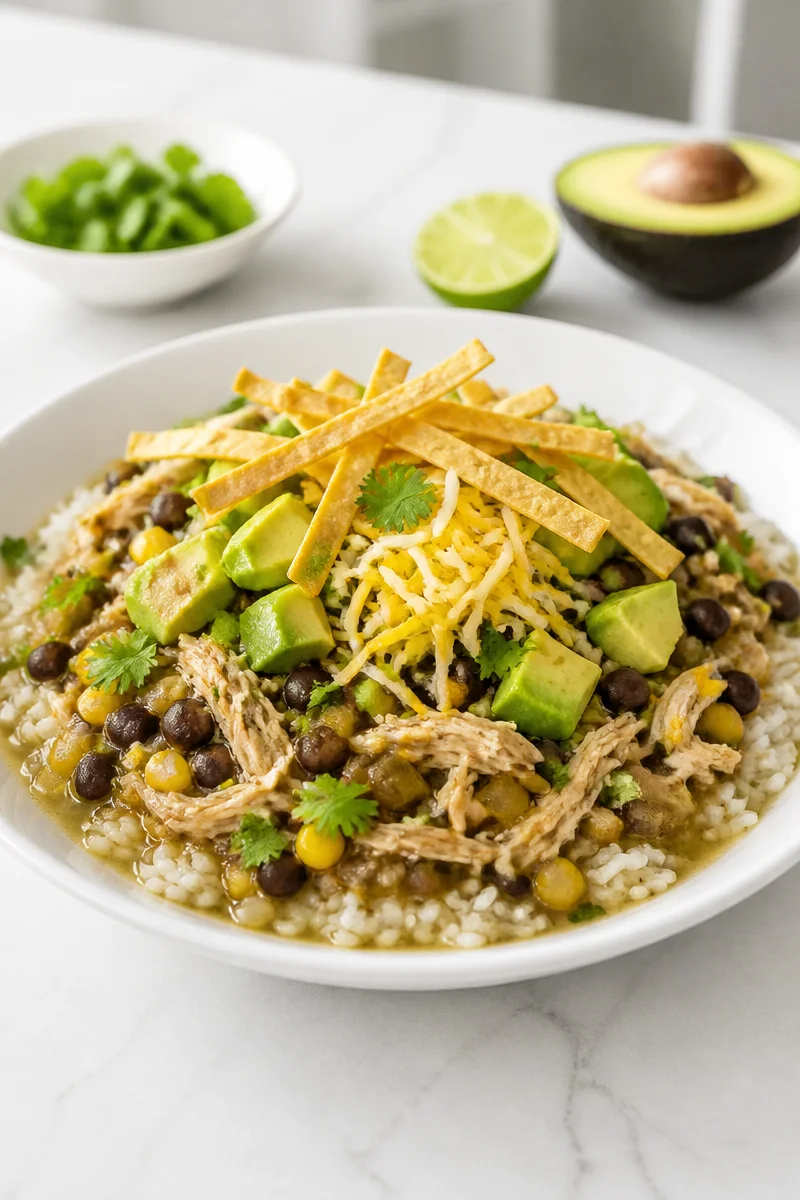 Slow Cooker Chicken Verde Enchilada Bowl with toppings and fresh ingredients