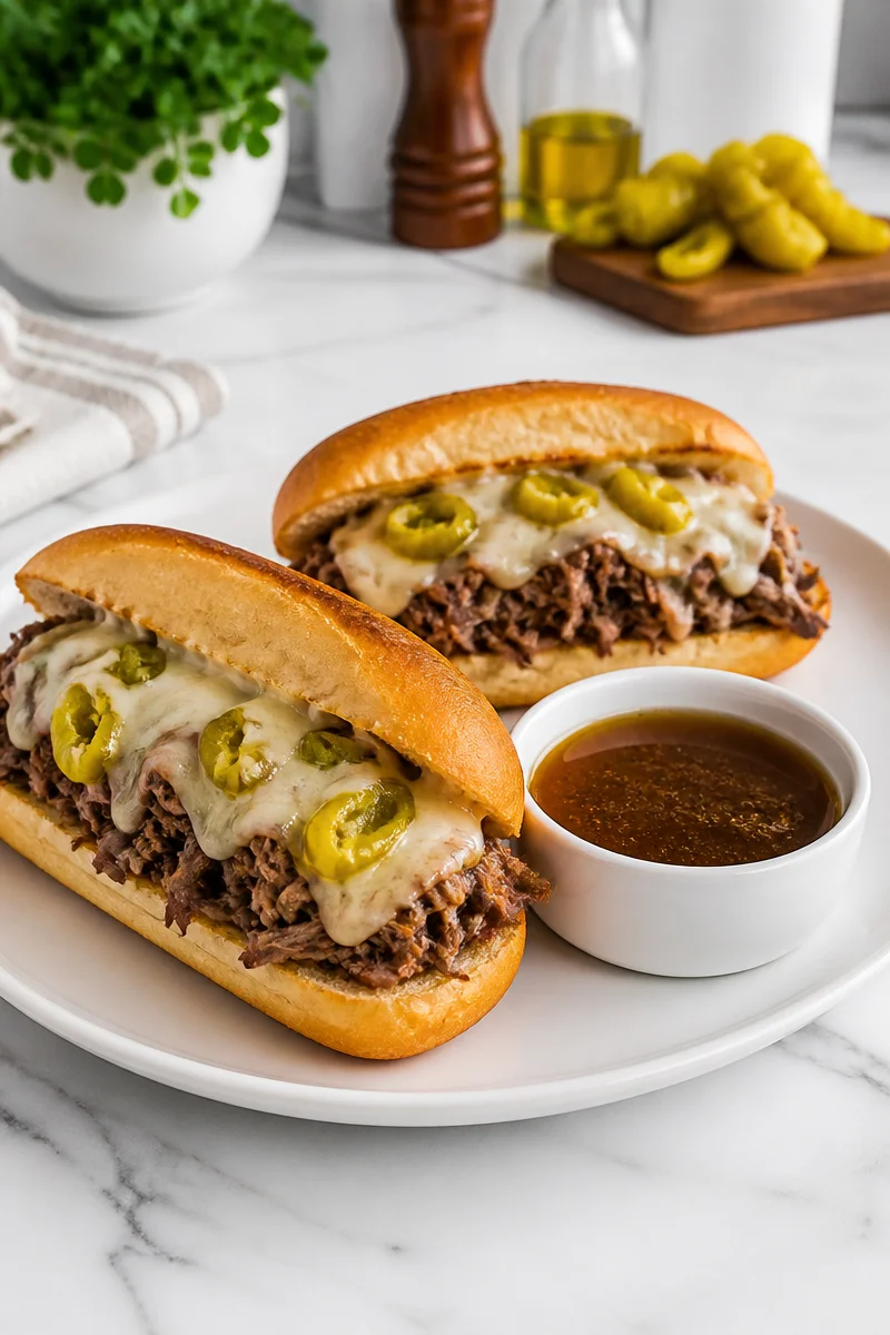 Delicious Slow Cooker Italian Beef Sandwich on a plate with garnishes
