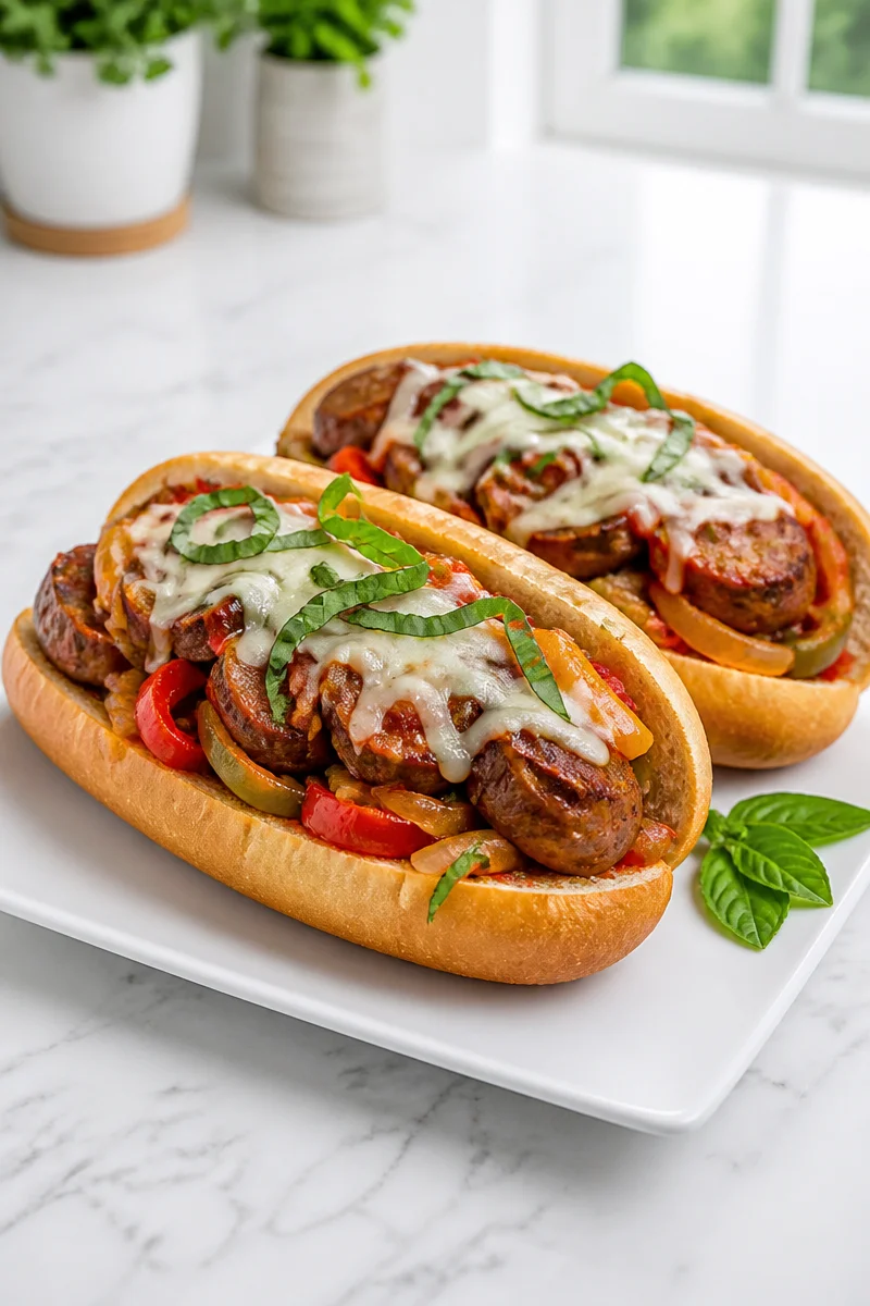 Slow cooker Italian sausage with peppers and onions in a bowl
