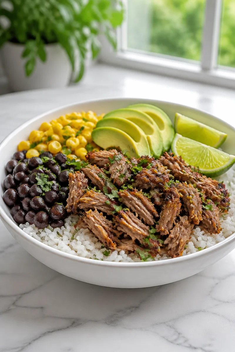 Delicious Slow Cooker Pork Carnitas Taco Bowl topped with fresh ingredients