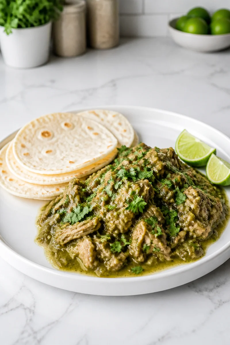 Delicious Slow Cooker Pork Chile Verde served in a bowl with fresh garnishes
