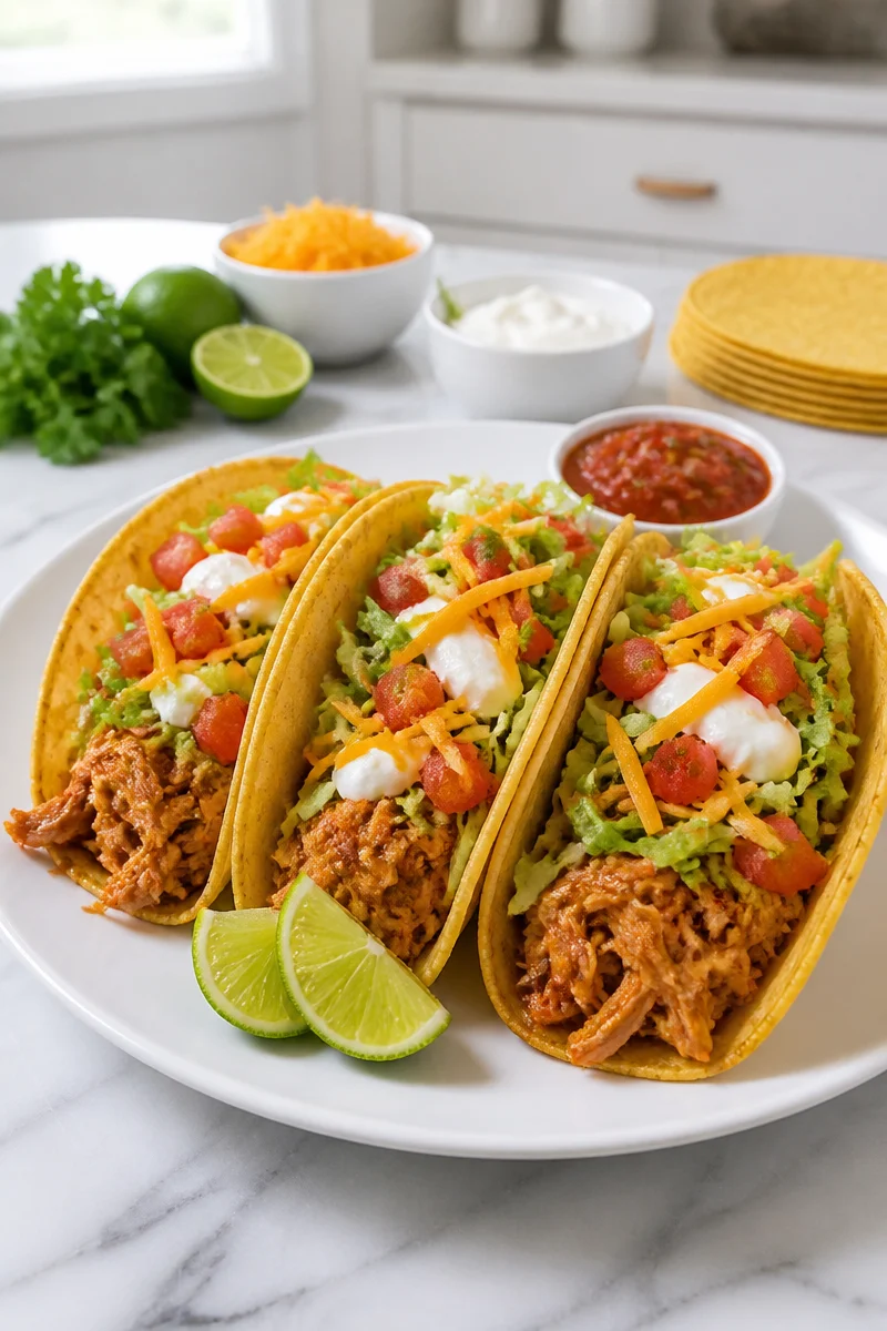 Delicious slow cooker pulled chicken taco with toppings in a soft tortilla