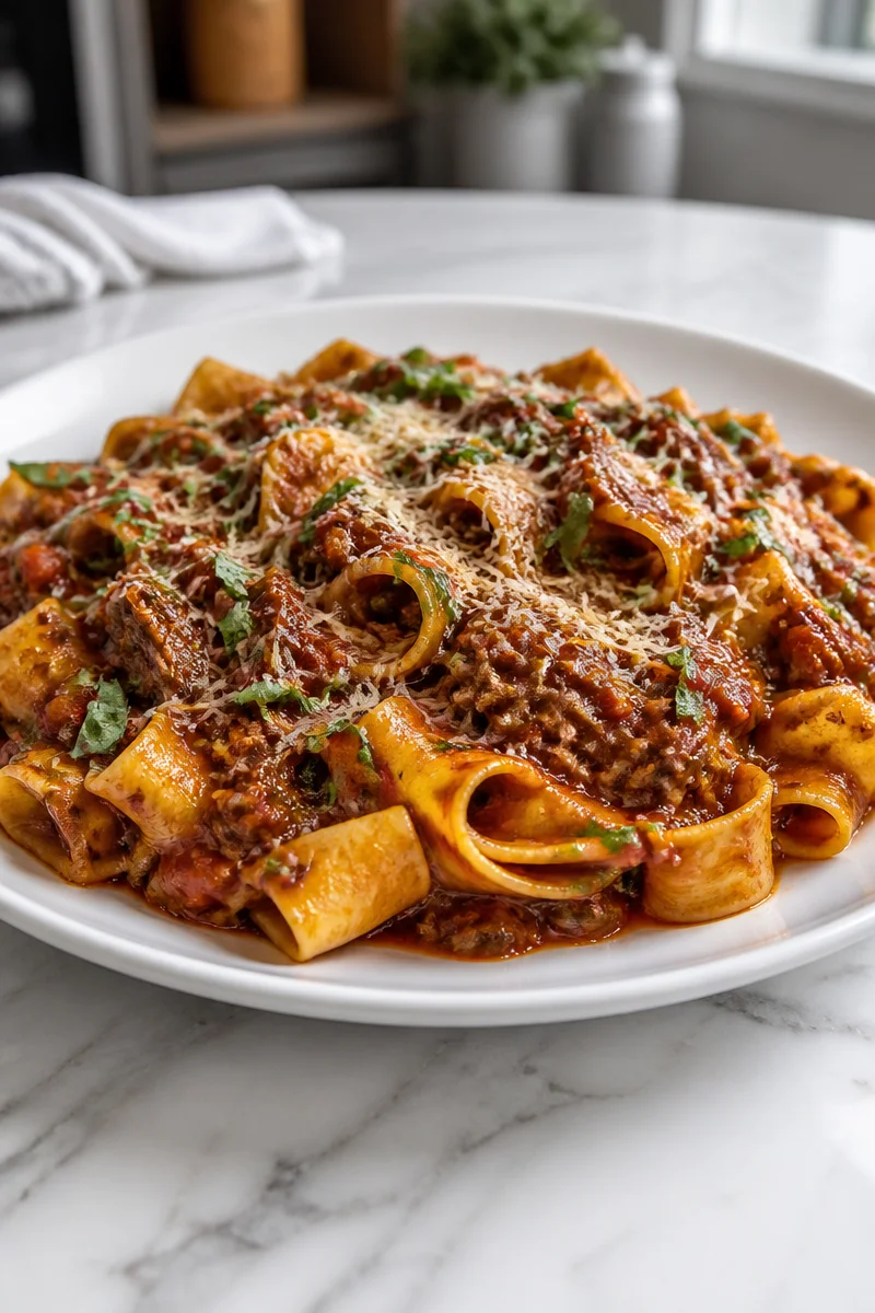Plate of slow cooker short rib pappardelle ragu with fresh herbs