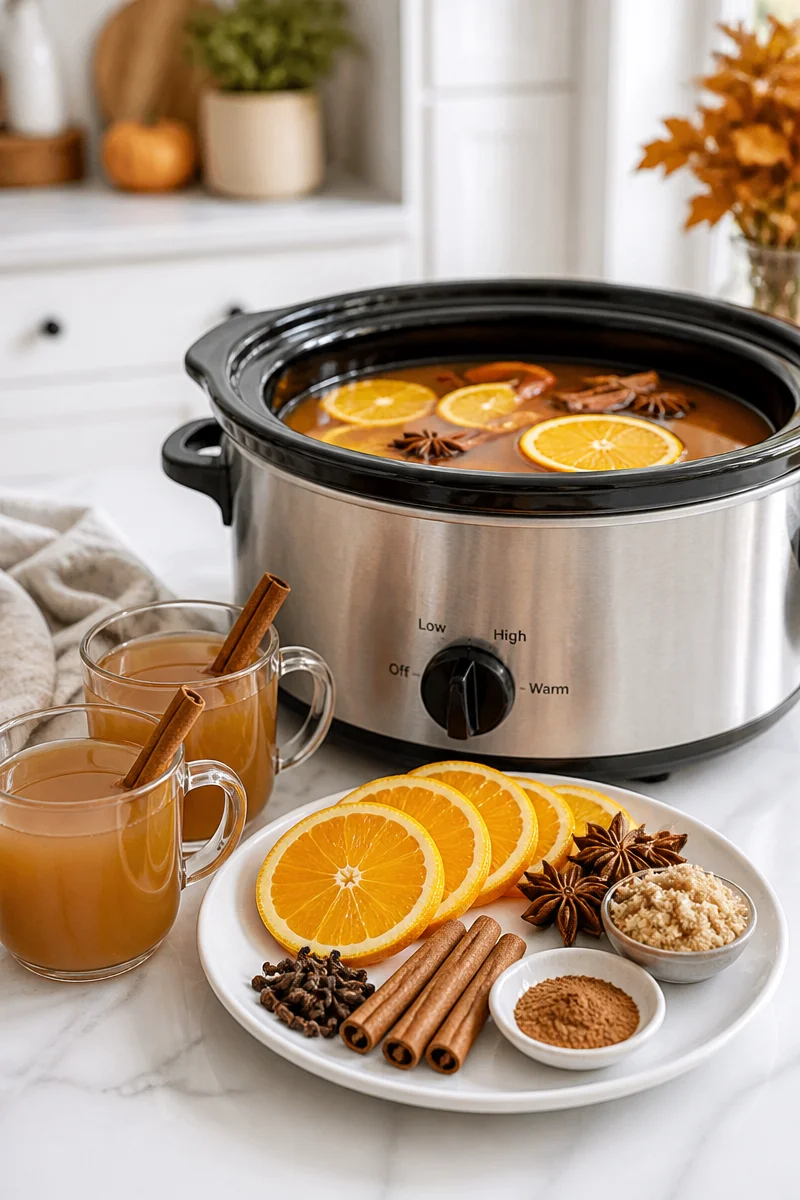 Slow cooker spiced apple cider with cinnamon and citrus fruits simmering in a pot