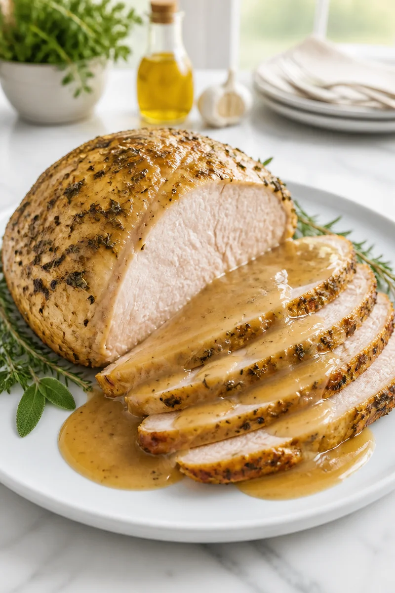Slow cooker turkey breast served with herb gravy