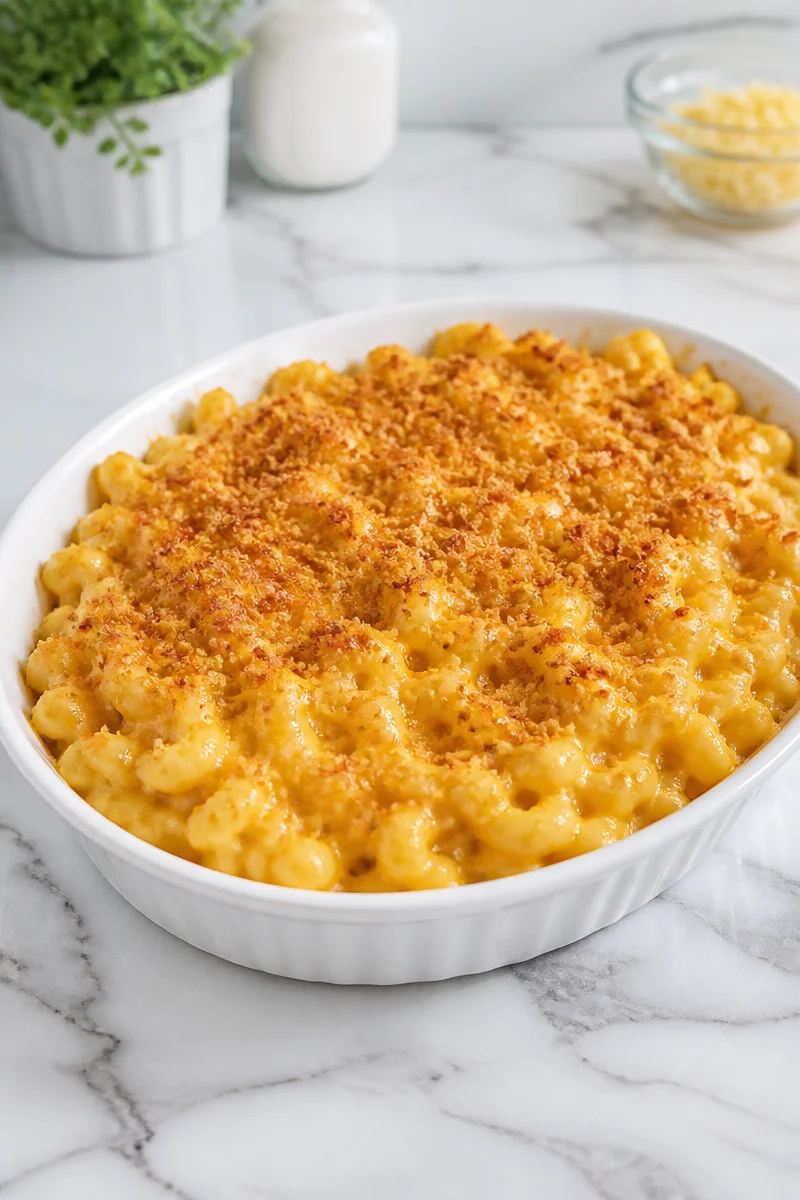 Delicious Smoked Gouda Baked Mac Cheese topped with golden breadcrumbs