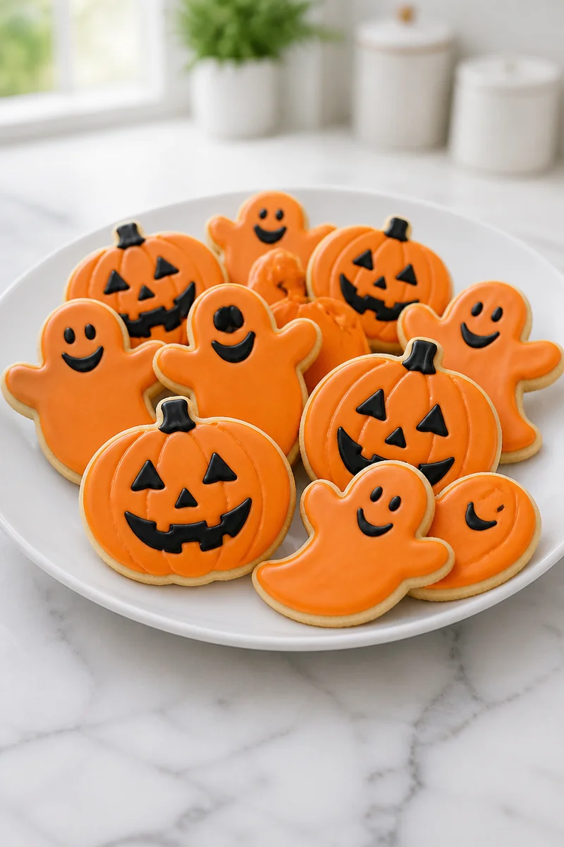 Soft sugar cookies decorated with orange royal icing.