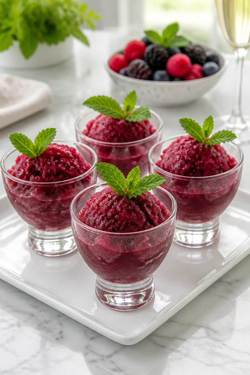 Sparkling wine berry sorbet served as a palate cleanser.