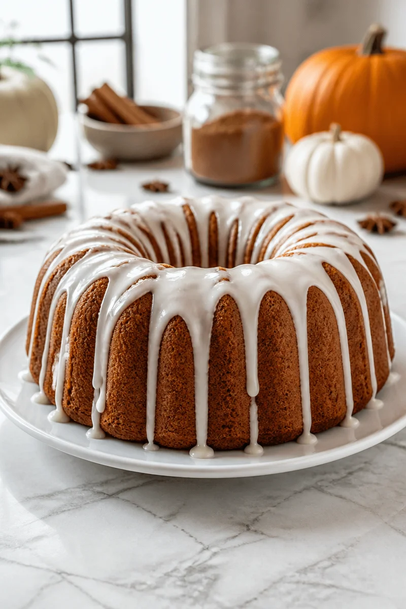 Delicious spiced chai pumpkin bundt cake topped with cream cheese glaze.