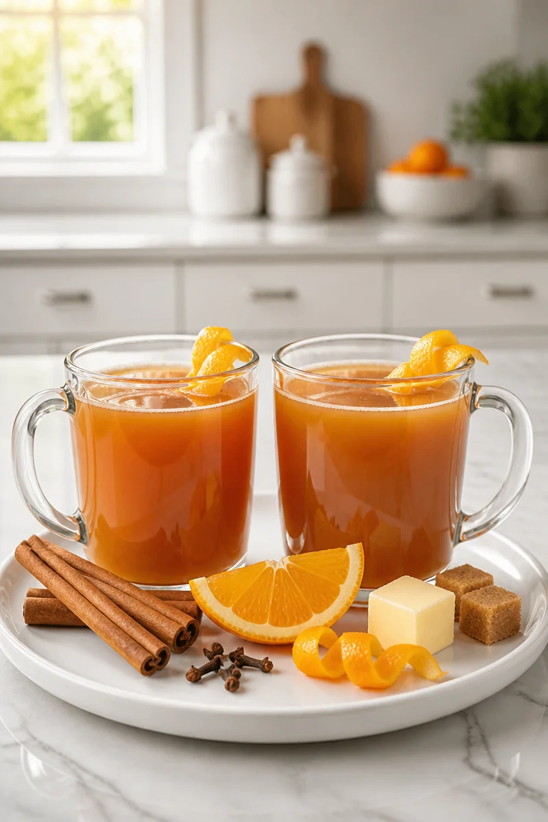 Spiced Dark Rum Hot Buttered Cider in a mug with spices and butter