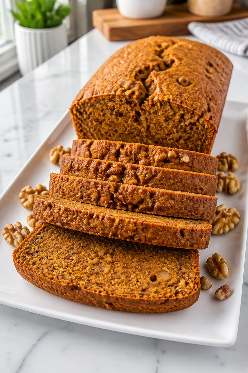 Loaf of spiced pumpkin banana bread on a wooden cutting board