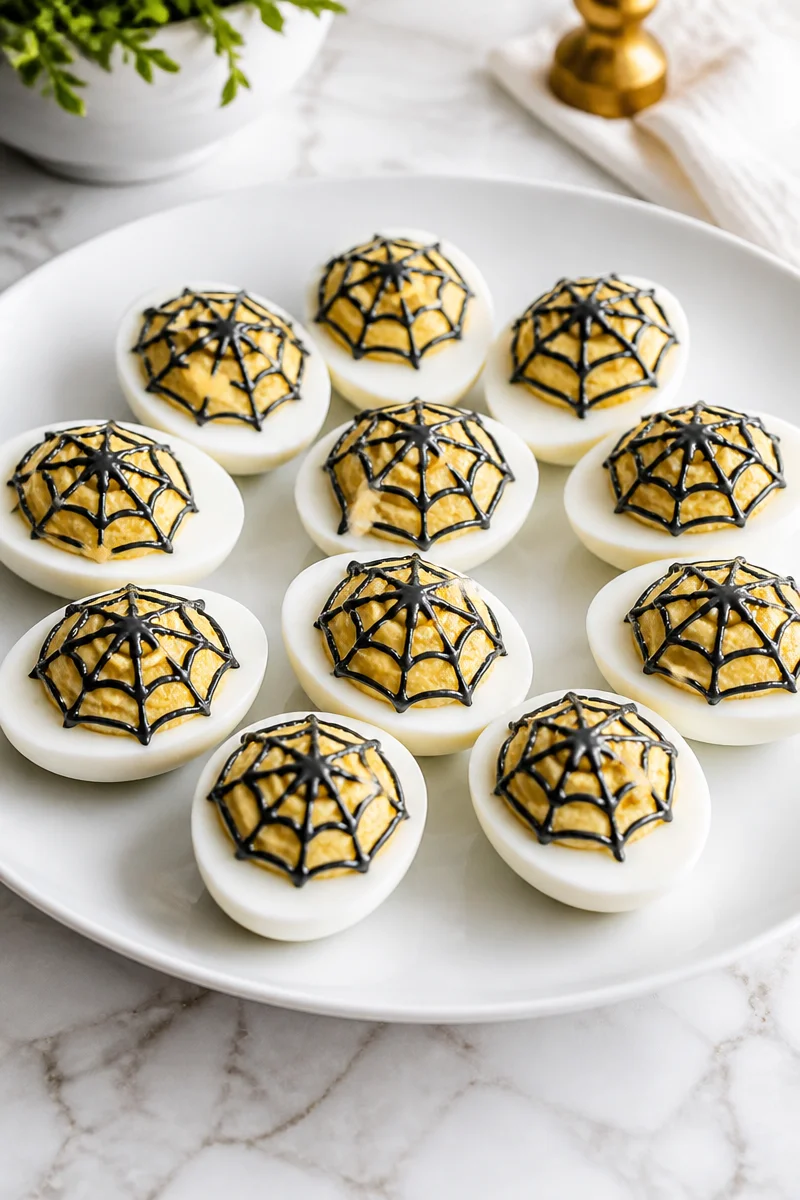 Spider Web Deviled Eggs for Halloween celebration