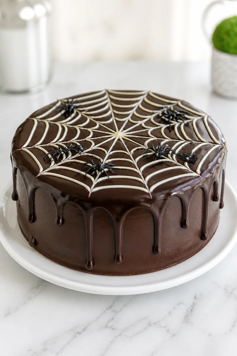 Spiderweb Chocolate Drip Cake decorated for Halloween
