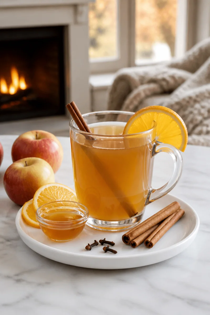 A delicious spiked apple cider hot toddy garnished with spices