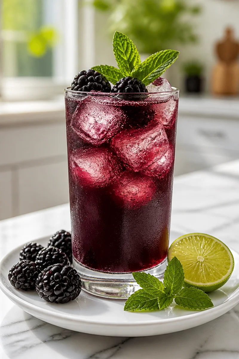Spooky Black Magic Blackberry Mocktail served in a glass with berries and ice