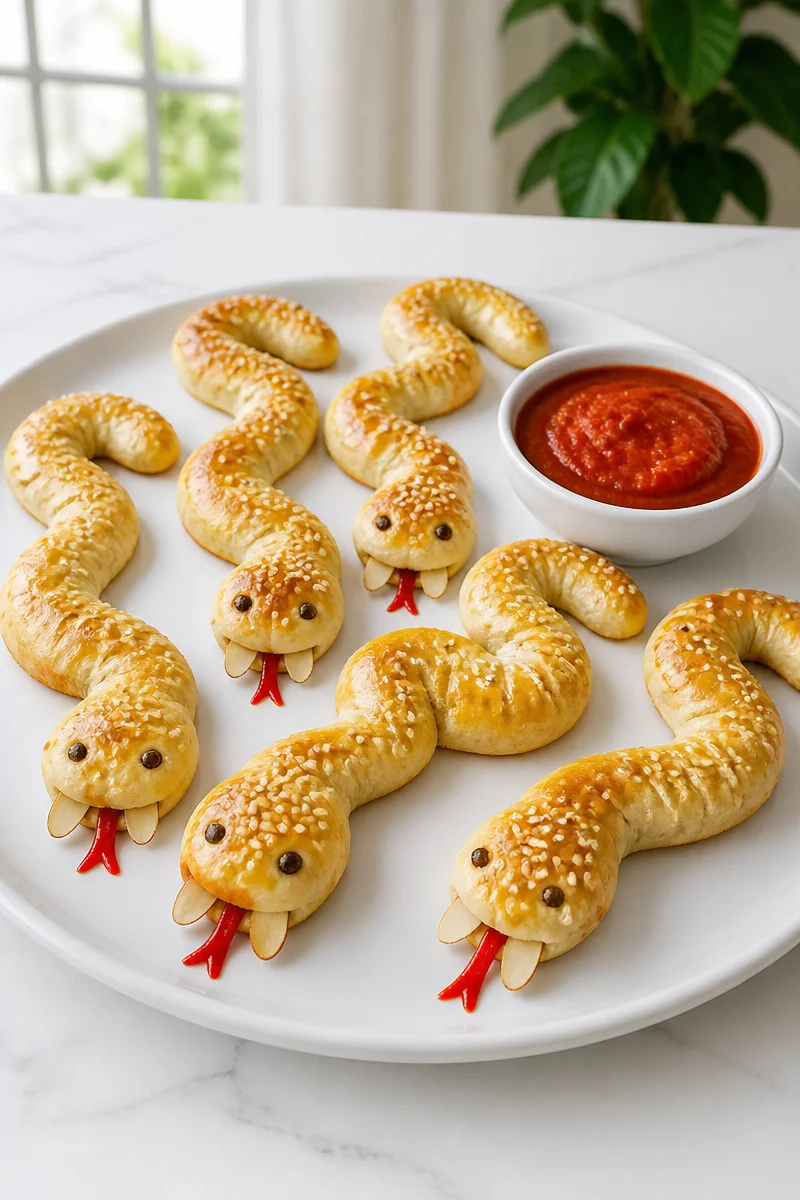 Spooky breadstick snake Halloween appetizer served on a platter.