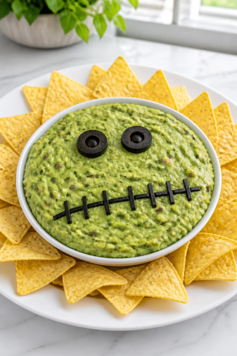 Spooky Frankenstein guacamole green dip served with tortilla chips