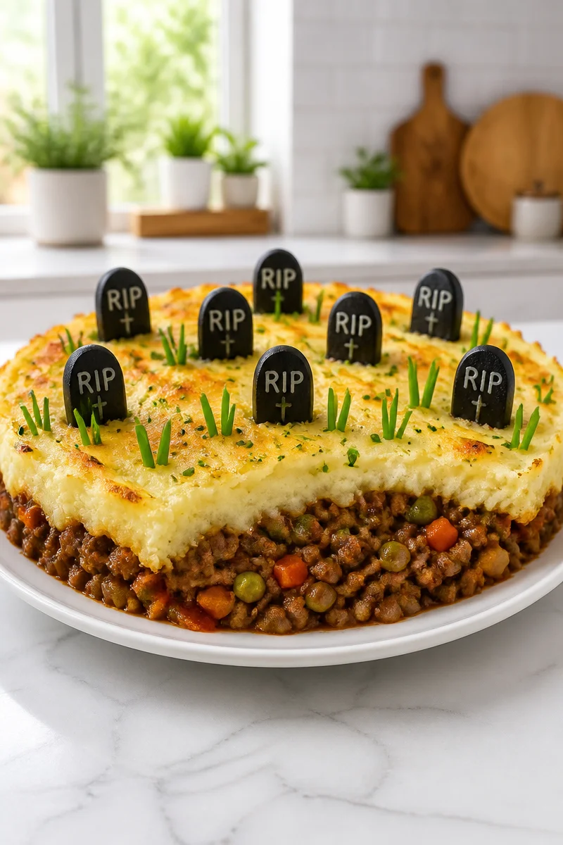 Spooky Graveyard Shepherd Pie Casserole with creative toppings