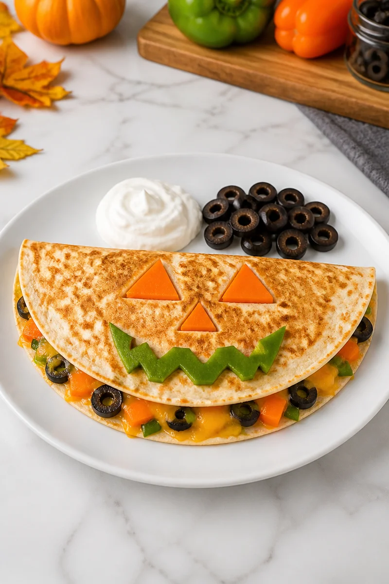 Spooky Jack O Lantern Quesadilla shaped like a pumpkin for Halloween
