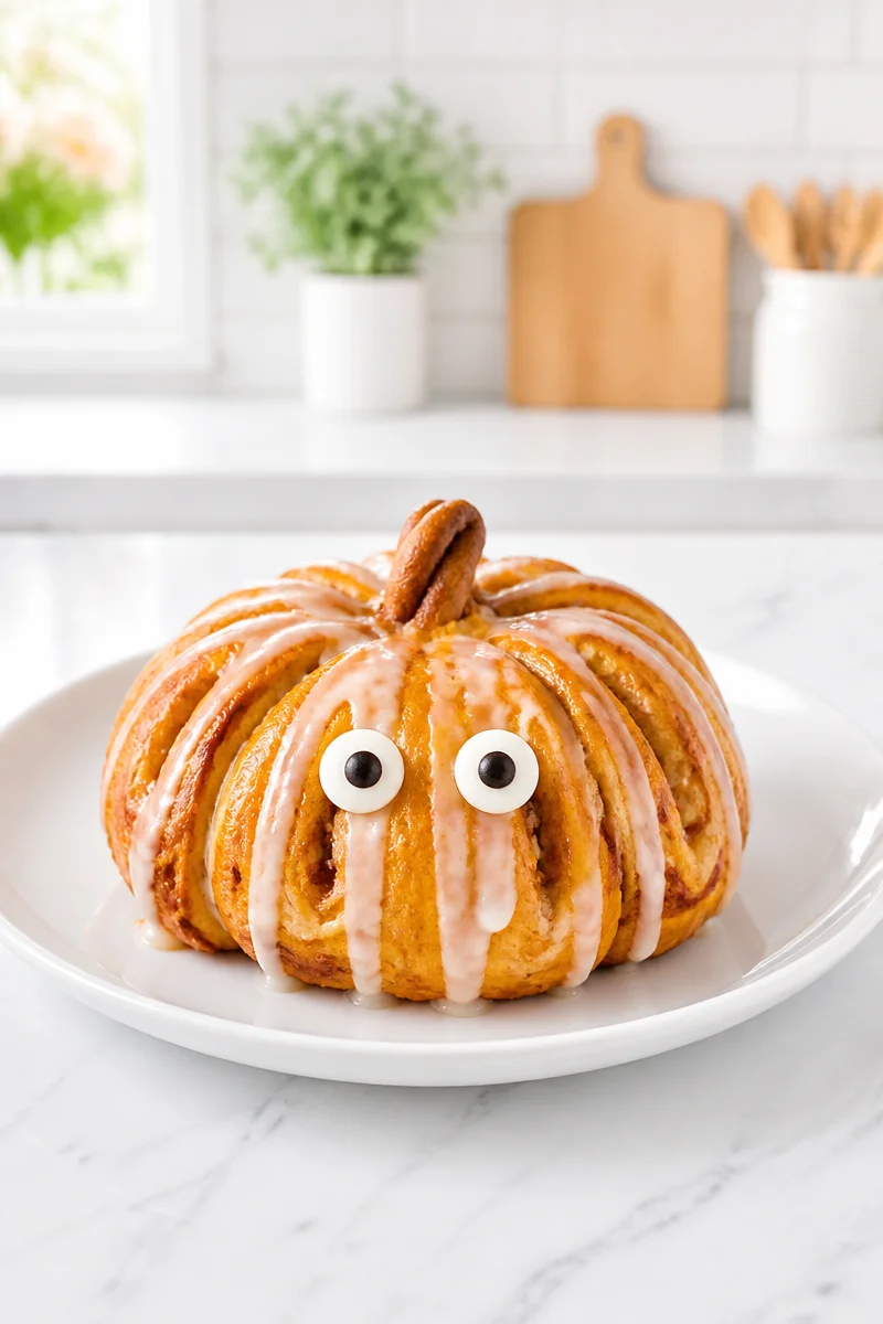 Spooky pumpkin-shaped cinnamon roll with icing and festive decorations